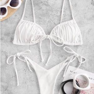 Cheeky Ribbed Tie String Bikini Swimwear - white S